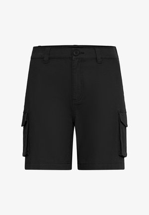 Juodi krovininiai šortai, pagaminti iš patvarios medžiagos, su šoninėmis kišenėmis, knopka skare, ir klasikiniu tiesiu siluetu.