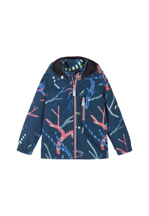 Kinder-Kapuzenjacke mit blauem Grund und mehrfarbigen abstrakten Astmustern, Frontreißverschluss und Reißverschlusstasche auf der Brust.