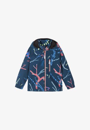 Veste à capuche enfant avec base bleue et motifs abstraits multicolores en forme de branches, fermeture éclair devant et poche poitrine zippée.