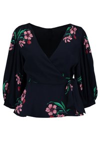 Marineblå omslagsbluse med lange pufærmer, dekoreret med lyserøde blomstertryk og grønne stængler. Indkluderer en taljebånd for ekstra detaljer.