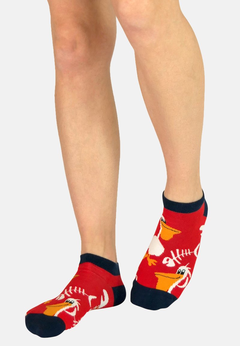 Rote Knöchelsocken mit einem verspielten Design von Pelikanen und Fischgräten, mit navyblauen Bündchen und Zehen, aus einem weichen, dehnbaren Material.