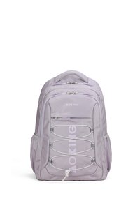Zaino di colore viola chiaro con scomparti con zip, dettaglio in corda bungee e logo sul davanti. Presenta spallacci imbottiti e tasche laterali.