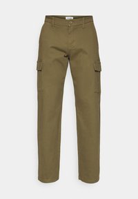 Cargo-Hose aus olivgrünem Baumwollstoff mit geradem Schnitt, zwei Seitentaschen und einer Cargotasche am Oberschenkel. Doppelt genähte Nähte.