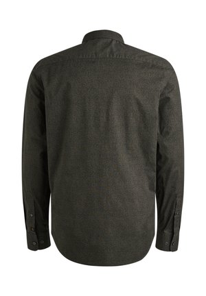 Donkergroene langemouwen shirt met een subtiele patroontextuur, knoopsluiting op de kraag en knoopmanchetten. Achteraanzicht weergegeven.