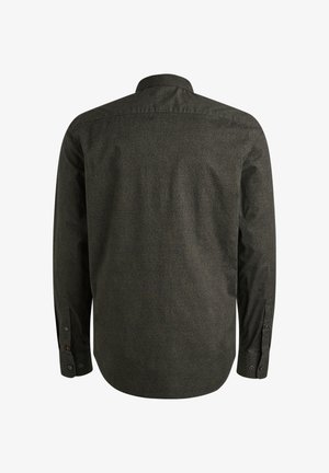 Chemise à manches longues vert foncé avec une texture à motif subtil, col montant, et poignets à boutons. Vue arrière affichée.
