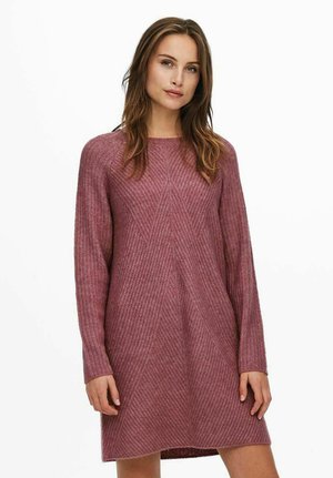Knit sweater dress in mauve with long sleeves, featuring a ribbed texture and diamond pattern, tailored fit, and round neckline.