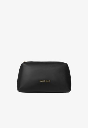 Borsa cosmetica in pelle nera con cerniera dorata e logo "MARC ELLIS" in testo dorato in rilievo sul davanti.