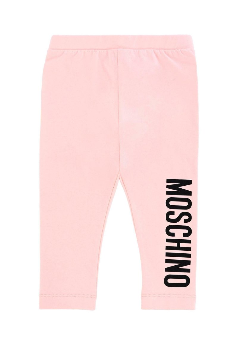 Różowe legginsy bawełniane z elastycznym pasem w talii oraz czarnym napisem "MOSCHINO" na lewej nogawce. Gładka faktura, dopasowany krój, długość do połowy łydki.