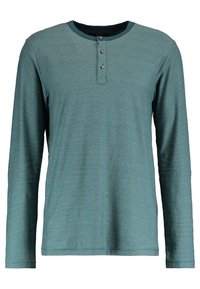 Langärmliges Henley-Shirt in Teal mit gerippter Textur, Rundhalsausschnitt und einer Drei-Knopf-Leiste. Verfügt über einen kontrastierenden Halsausschnitt.