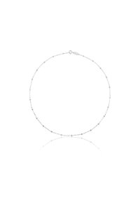 Collar de plata con una delicada cadena y pequeñas cuentas redondas espaciadas uniformemente. El diseño es minimalista y reflectante.