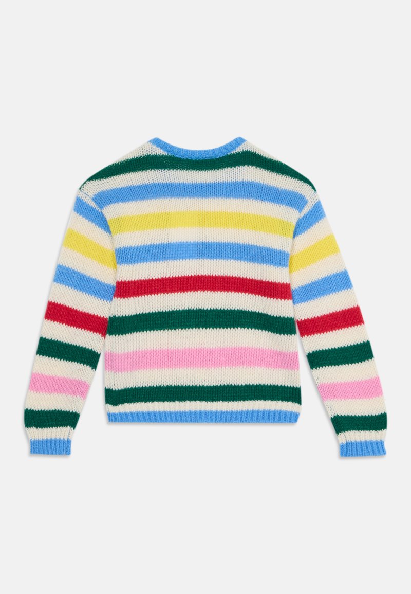 Pull tricoté rayé multicolore à manches longues, présentant des rayures horizontales en bleu, jaune, rouge, vert, rose et blanc.