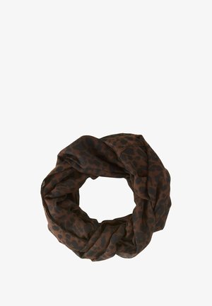 Brązowy szalik w print panterki w formie infinity, wykonany z lekkiego materiału, cechujący się miękką fakturą i okrągłym kształtem dla łatwego noszenia.