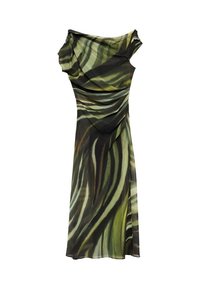 Robe vert et noir à épaules dénudées en tissu léger, avec un design drapé présentant un motif rayé ondulé et une fente latérale.