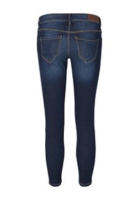 Jeans ajustados en denim azul oscuro con una textura suave. Presenta dos bolsillos traseros y costuras en dorado contraste a lo largo de las costuras.