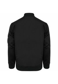 Schwarze Bomberjacke mit Stehkragen, gerippten Bündchen und einer Seitenöffnung. Glatte Textur mit einem klaren, schlichten Design.
