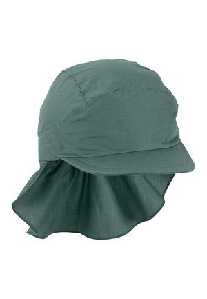 Green bucket hat made of soft fabric, featuring a wide brim at the back, a front visor, and stitched detailing along the seams.