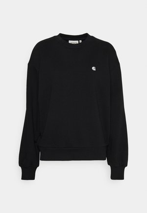 Black cotton sweatshirt with a crew neck, drop shoulders, and a small embroidered logo on the chest. Features ribbed cuffs and hem.