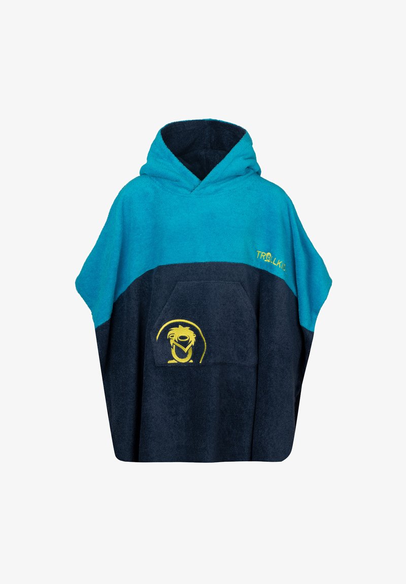Hooded Poncho in Blau und Navy, aus weichem Frottee. Mit einer Fronttasche, die ein gelbes Tiergrafik und ein Logo auf der Brust zeigt.