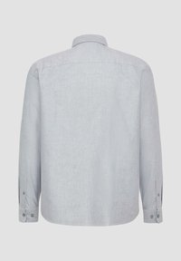Lichtgrijs langärmelig shirt, met knoopsluiting kraag, gladde textuur, afgeronde zoom, met geknoopte manchetten en rugzettingdetail.