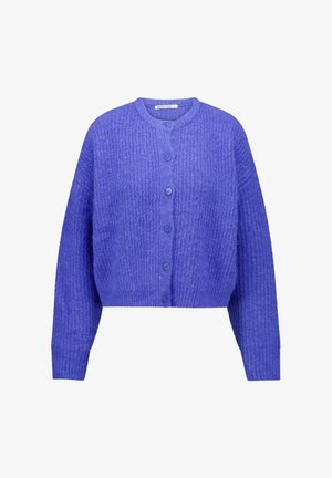 Paarse gebreide cardigan met een gestructureerd oppervlak, ronde halslijn, lange mouwen en zes bijpassende knopen aan de voorkant. Verkorte stijl.