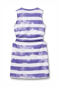 Sleeveless dress with purple and white horizontal stripes, made of soft fabric. Features gathered sides and a round neckline.