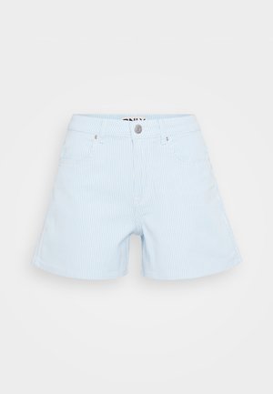 Gaiši zili svītraini šorti, izgatavoti no kokvilnas, ar piecu kabatu dizainu, priekšējo pogu aizdari un parastu piegriezumu.