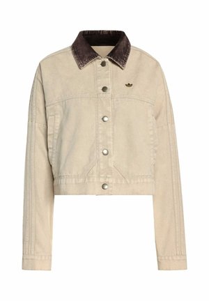 Cropped beige denim jacket with a brown corduroy collar, silver buttons, and a small logo. Features vertical seam detailing on sleeves.