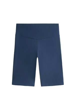 Granatowe, sięgające do kolan sportowe spodenki z szerokim, bezszwowym pasem, zaprojektowane z myślą o wygodzie i elastyczności.