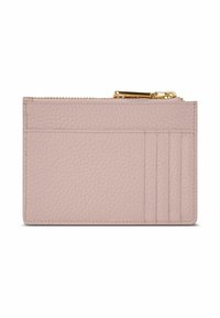Portafoglio in pelle rosa con finitura texturizzata, dotato di un compartimento con zip e quattro scomparti per carte su un lato. Accenti in hardware dorato.