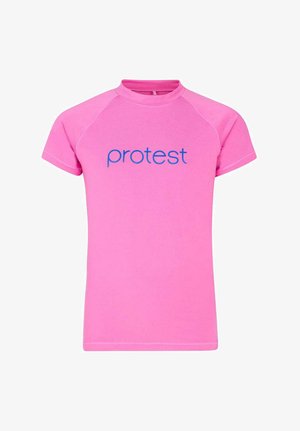 Pink fitted t-shirt with short raglan sleeves and a round neck. Features blue text "protest" across the chest. Smooth texture.