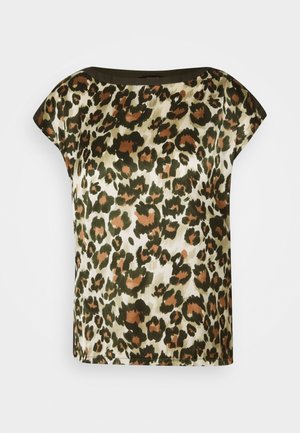 Leopardenmuster-Oberteil mit weitem Ausschnitt, aus leichtem Stoff gefertigt. Verfügt über dunkle Grüntöne, Braun und Creme in einem fließenden Design.