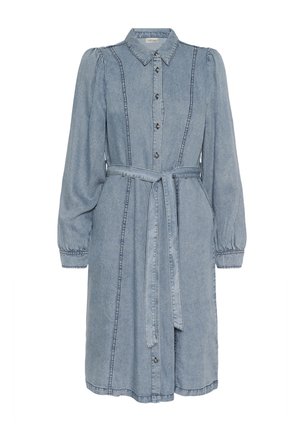 Gaiši zila džinsa kleita ar apkakli, uzpuffētām piedurknēm, priekšpusē ar pogu aizdari, jostu viduklī un vertikālām šuvju detaļām.