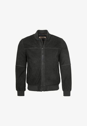 Schwarze Lederbomberjacke mit einem Reißverschluss auf der Vorderseite, gerippten Bündchen und Saum. Glatte Textur mit feinen Nähten und einem runden Kragen.