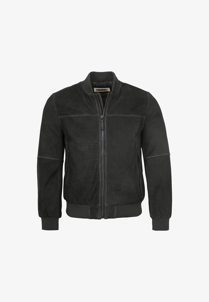 Schwarze Lederbomberjacke mit einem Reißverschluss auf der Vorderseite, gerippten Bündchen und Saum. Glatte Textur mit feinen Nähten und einem runden Kragen.