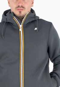 Grijze zip-up hoodie met een gevoerde rits en verticale rode, gele en blauwe strepen. Verstelbare trekkoordkap en logo op de borst.