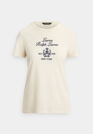 Cremfarbenes Baumwoll-T-Shirt mit rundem Halsausschnitt und kurzen Ärmeln, vorne mit navyblauem, besticktem Text und Wappen-Design.