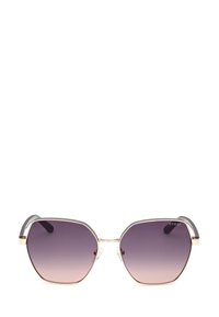 Osmiboké sluneční brýle s gradientními fialovými skly, průhlednými obroučkami a zlatými akcenty. Stranice mají tónovaný povrch pro zvýšení stylu.