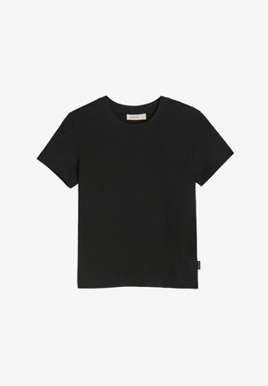 Czarny t-shirt z krótkim rękawem, wykonany z gładkiego bawełnianego materiału. Posiada okrągły dekolt i małą wtkana metkę na bocznej szwie.