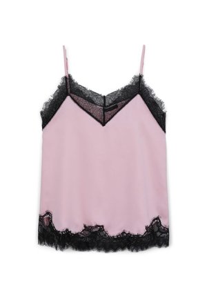 Débardeur rose clair avec des bordures en dentelle noire le long de l'encolure et de l'ourlet, doté de bretelles spaghetti réglables et d'une texture lisse.