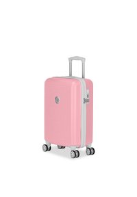 Harde roze koffer met een geometrisch patroon, witte rits en uitschuifbare handgreep. Voorzien van vier dubbele wielen voor gemakkelijke mobiliteit.