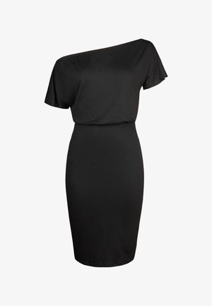 Robe noire moulante avec des manches courtes, décolleté asymétrique, en tissu doux et extensible, avec une taille cintrée et un ourlet au niveau du genou.