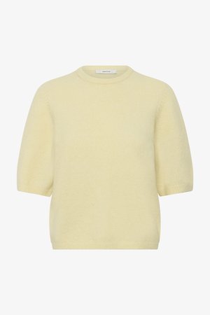 Kortermet, lys gul strikket genser med ribbestrikket hals, mansjetter og kant fra merket Gestuz.