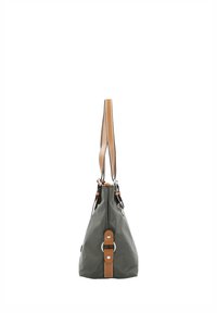 Sac cabas gris avec des anses et des détails en cuir marron, vu de côté sur un fond blanc.
