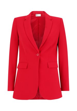 Red blazer with a notched lapel, single button closure, two front pockets, and long sleeves. Made from smooth, solid fabric.