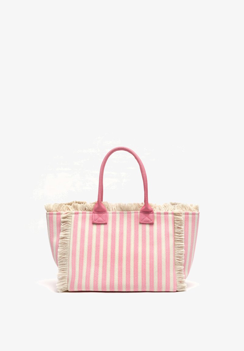 Torba na rame s ružičastim i kremastim prugama, s dvije ružičaste ručke i kremastim resama duž gornjeg ruba i prednjeg panela.