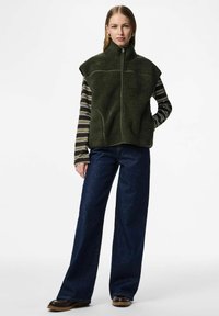 Sieviete stāvot, tērpusies tumši zaļā ar rāvējslēdzēju fliša veste, svītrainā garenā krekla, platām tumšām džinsiem un brūnām kurpēm uz balta fona.