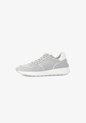 Gray sneakers made of suede with a smooth finish, featuring a white rubber sole, round toe, and classic lace-up design.