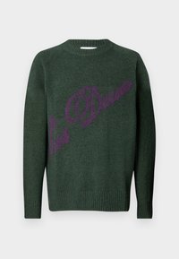 Grüner Strickpullover mit geripptem Saum und Bündchen. Mit einem auffälligen lila Logo/Textdesign auf der Vorderseite. Klassischer Rundhalsausschnitt.
