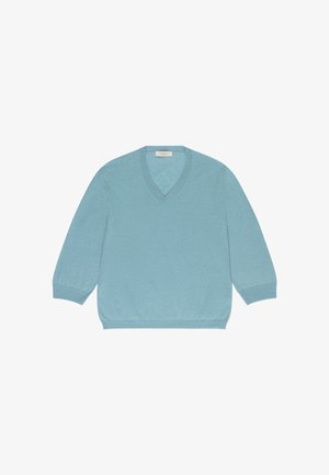 Pull bleu clair à col en V à manches longues avec poignets et ourlet côtelés, présenté à plat sur fond blanc.