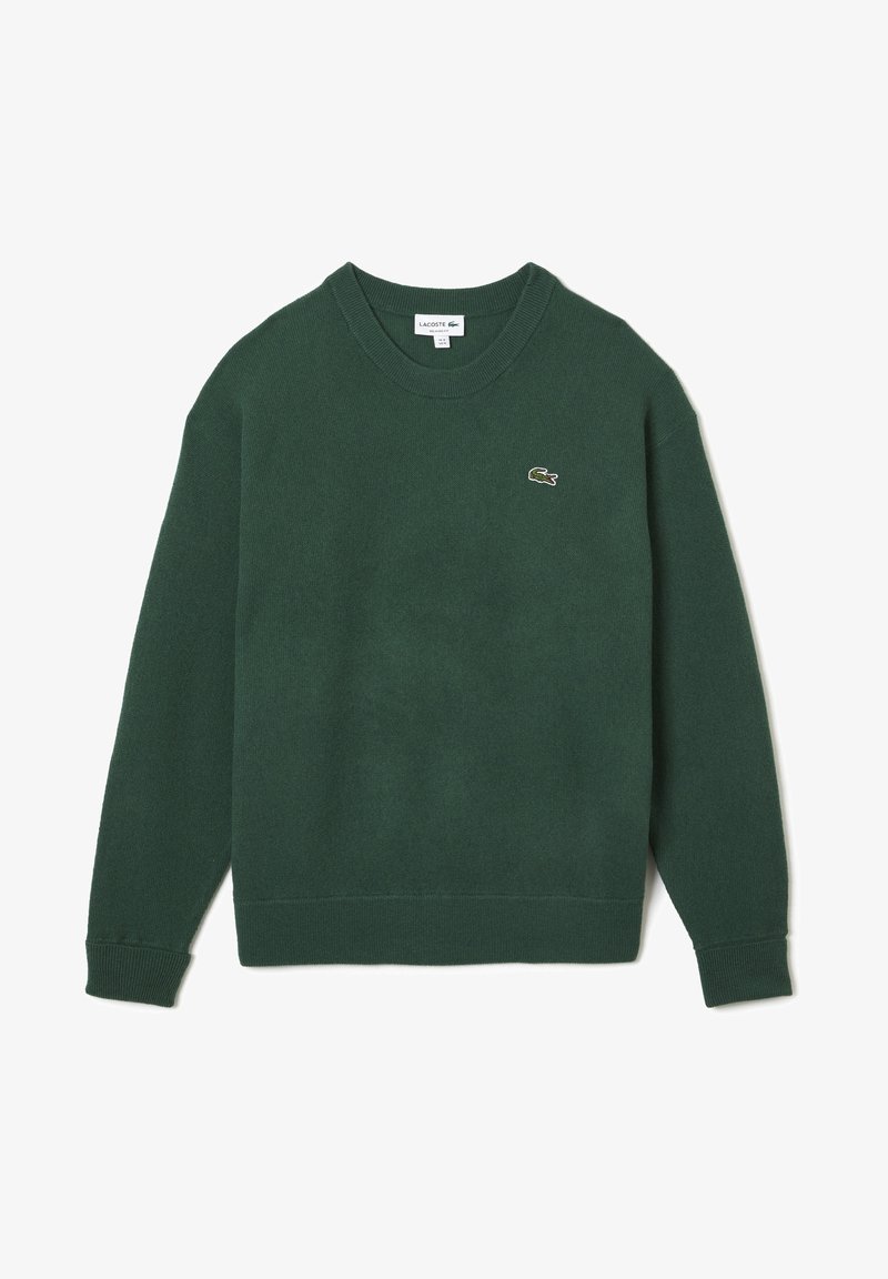 Pull col rond vert foncé à manches longues avec petit logo crocodile Lacoste brodé sur le côté gauche de la poitrine.